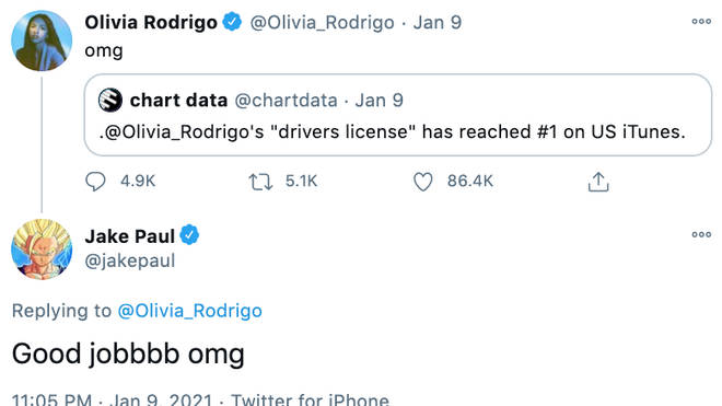 Jake Paul congratulated Olivia Rodrigo on her success with 'Drivers License'