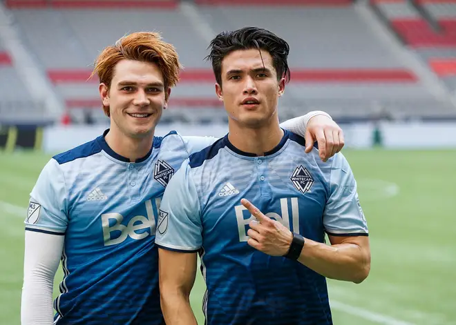 Charles Melton with KJ Apa, who plays Archie on Riverdale