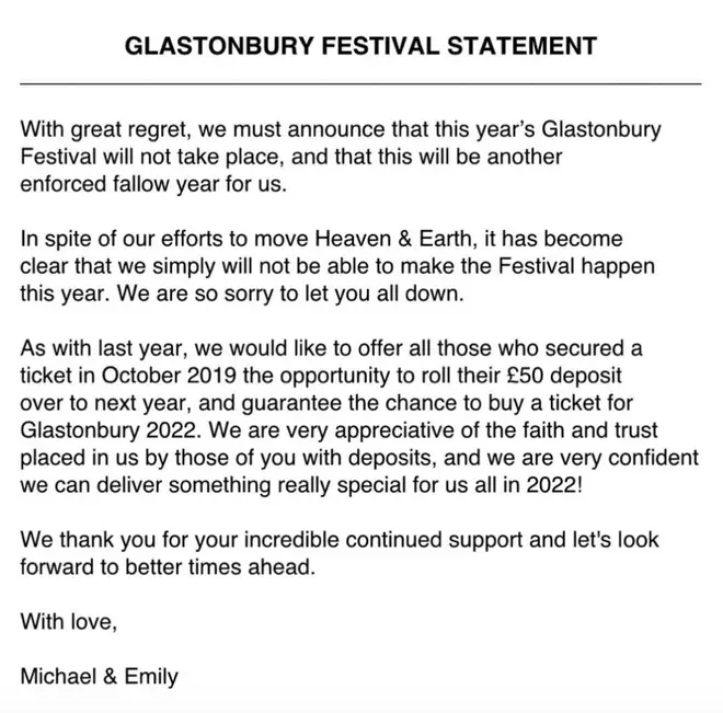 An official statement has been shared announcing Glastonbury Festival 2021 has been cancelled.