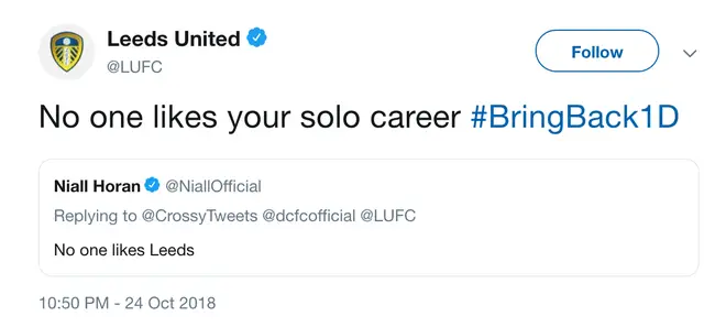 Niall Horan gets involved in Twitter banter with Leeds United