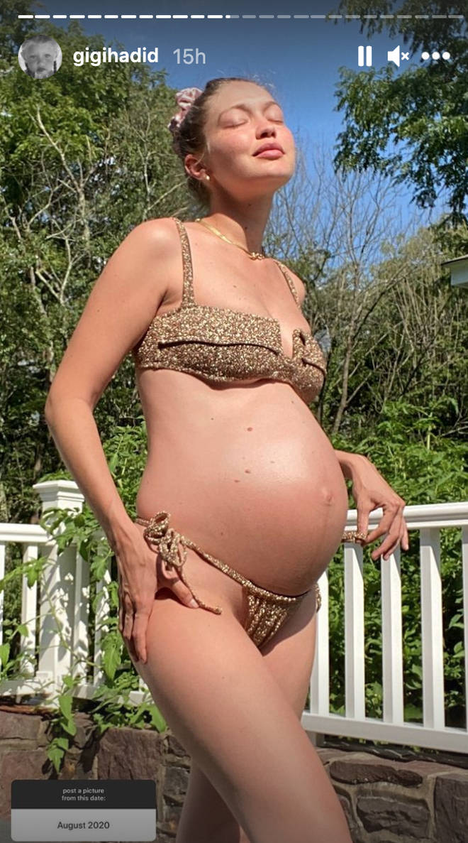 Gigi Hadid showcased her growing baby bump in August 2020.
