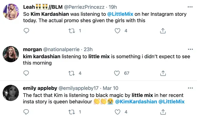 Little Mix fans praised Kim Kardashian for listening to the girls' songs.