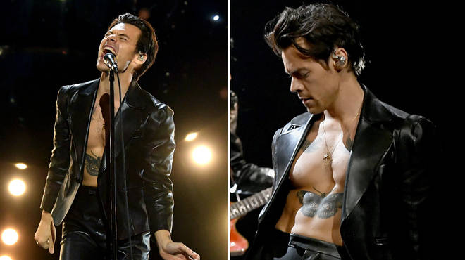 Harry Styles opened the Grammys shirtless in a leather suit