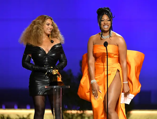 Beyoncé and Megan Thee Stallion accept the Best Rap Performance award for 'Savage'
