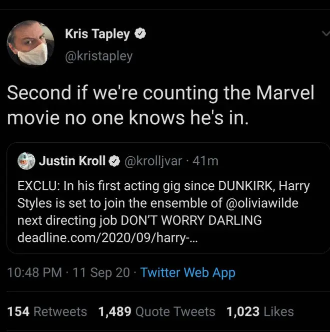Netflix writer Kris Tapley tweeted and deleted that Harry Styles would be in a Marvel movie