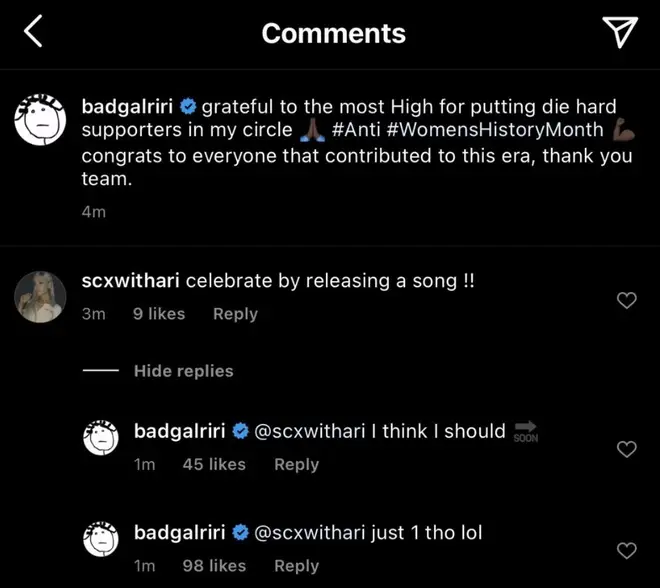 Rihanna told fans she may drop a new song 'soon'.