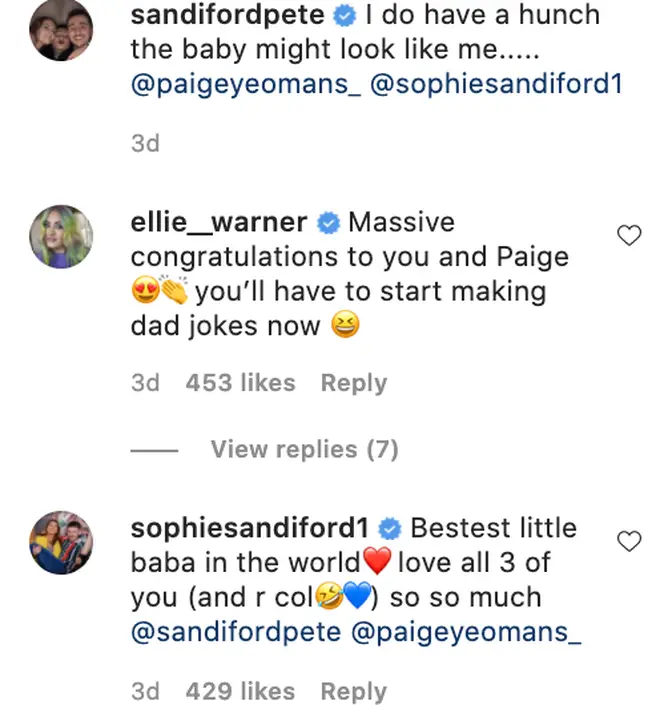 Sophie wishes her brother Pete well after his baby announcement