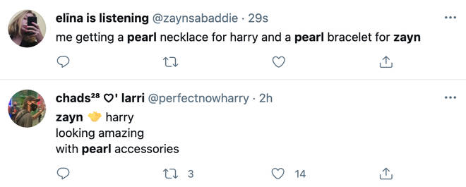 Fans were loving how Zayn Malik and Harry Styles both sport pearl accessories.