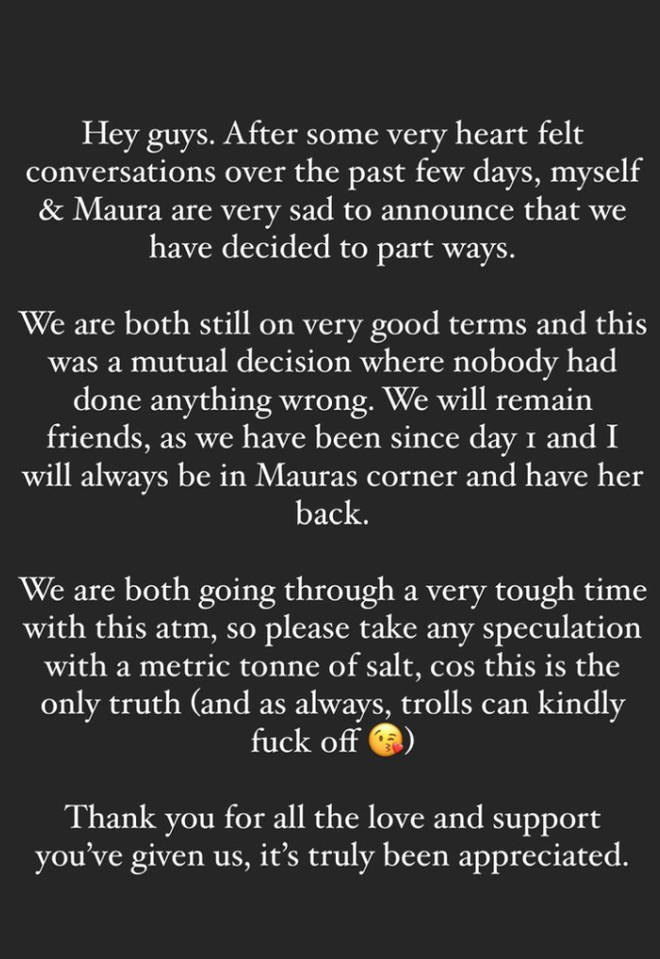 Chris Taylor released a statement of his own about his split from Maura Higgins