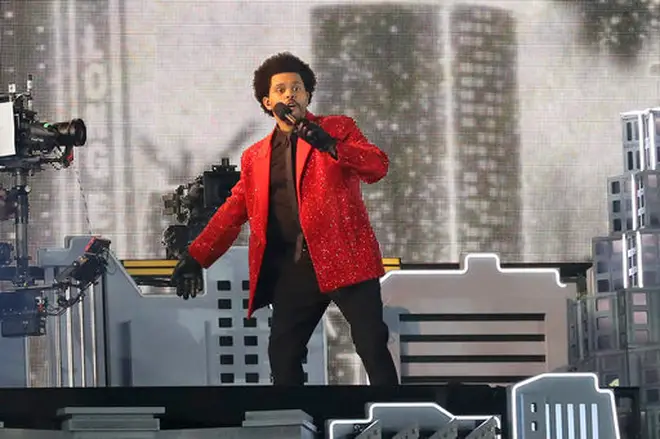 The Weeknd performing at the 2021 Super Bowl halftime show.