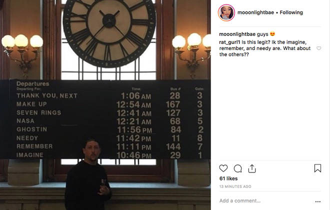 Ariana Grande's track list departure board 'BTS' shot from music video
