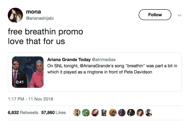 Ariana Grande liked a shady tweet that Pete Davidson's SNL joke was free promo for breathin'