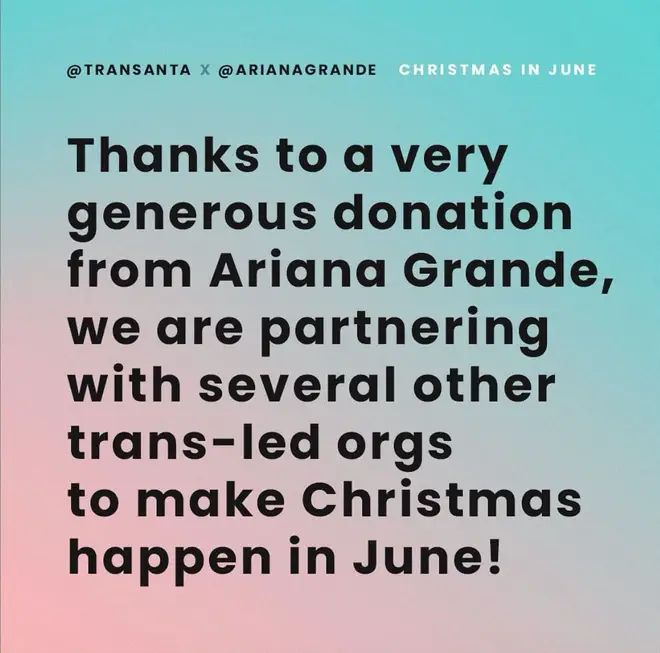 transanta announced on Instagram that Ariana Grande made a large donation to the cause