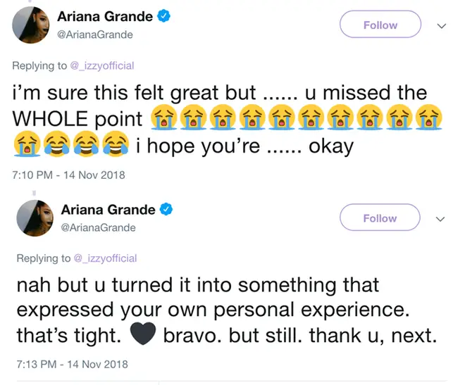 Ariana Grande responded to a fan who recorded a male version of her song 'thank u, next'