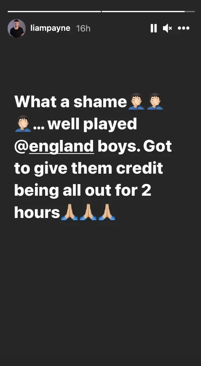 Liam Payne calls England loss a "shame" on Instagram