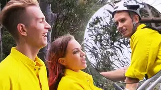 James McVey's harness is extremely tight on first 'I'm A Celeb' challenge