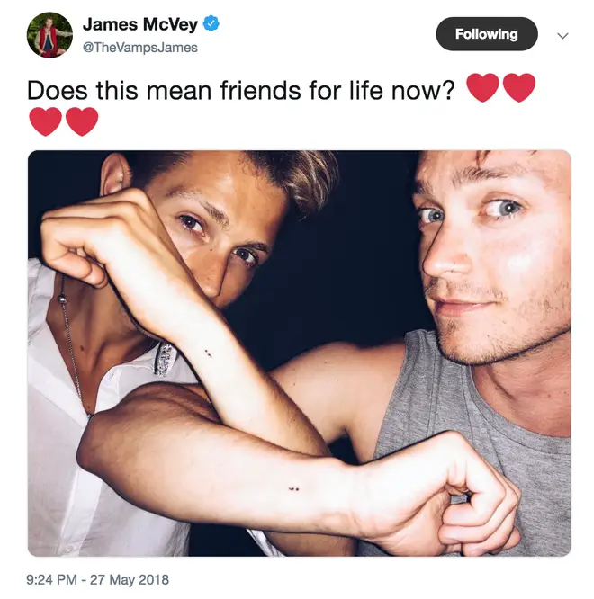 James got matching semicolon tattoos with bandmate Connor for mental health awareness