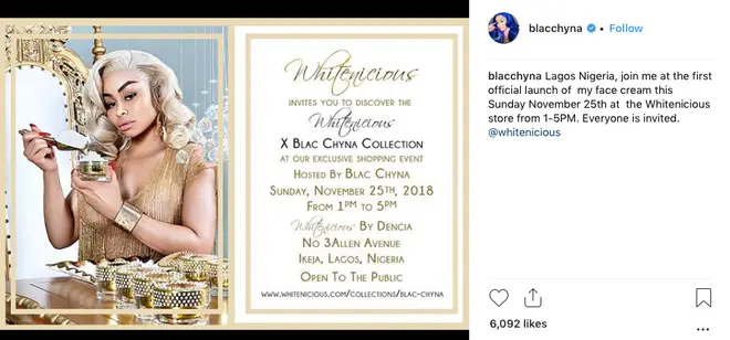 Blac Chyna was promoting skin lightening cream on Instagram.