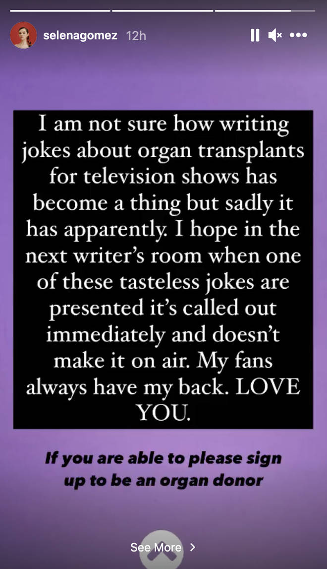 Selena Gomez slammed the TV show for the joke made about her transplant