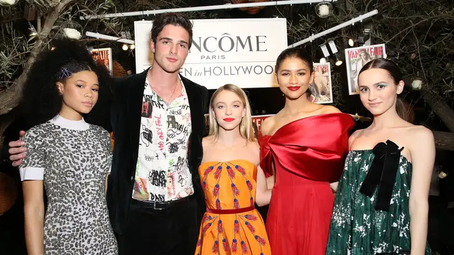 Jacob Elordi with Euphoria cast-mates, Zendaya, Maude Apatow, Sydney Sweeney and Storm Reid