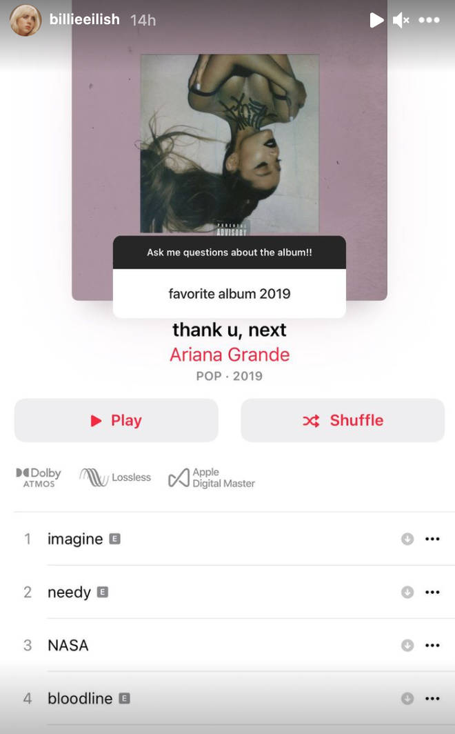 Billie Eilish said Ariana Grande's 2019 album is her favourite from that year