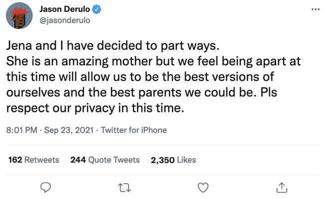 Jason Derulo announced he and Jena Frumes had broken up on Twitter