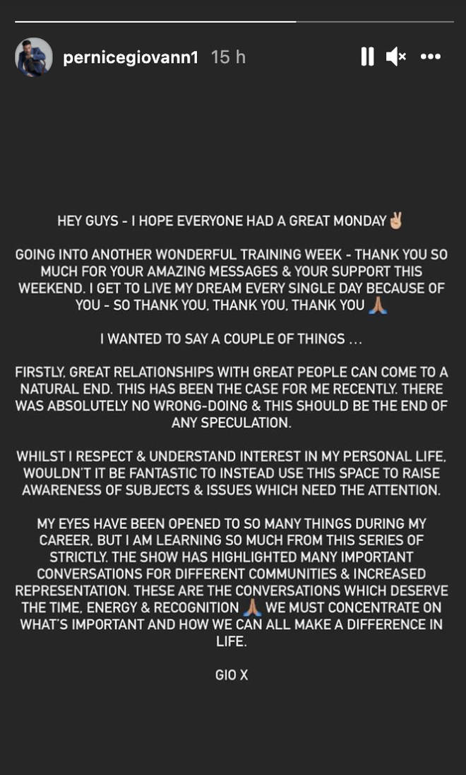 Giovanni released a statement on Instagram