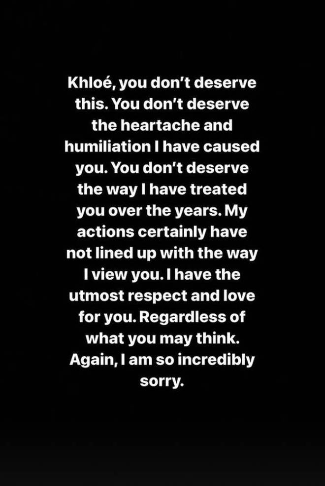 Tristan Thompson publicly apologised to Khloe Kardashian in a statement