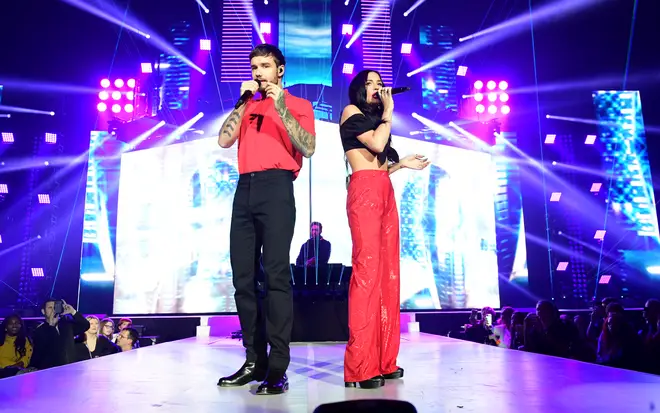 Lennon Stella and Liam Payne on stage at the Jingle Bell Ball 2018