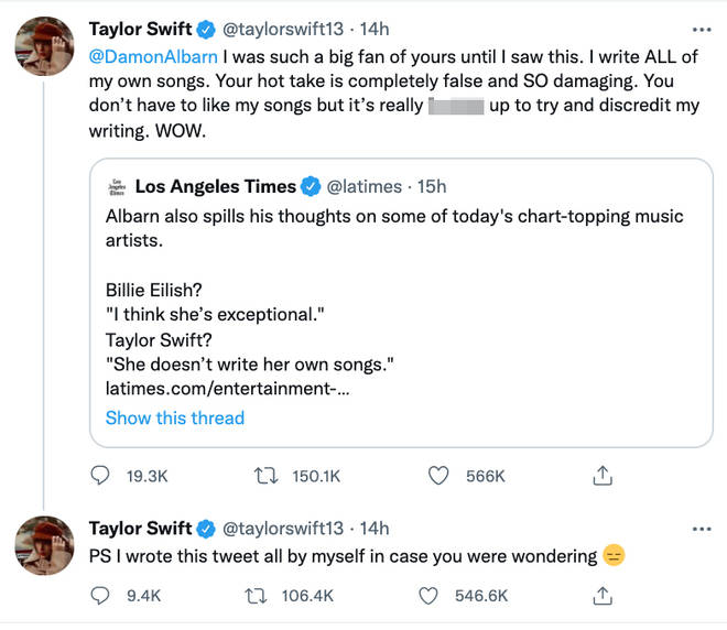 Taylor Swift hit back at Damon Albarn's claims