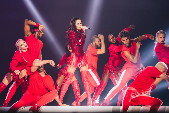 Cheryl performing on stage at the Jingle Bell Ball 2018