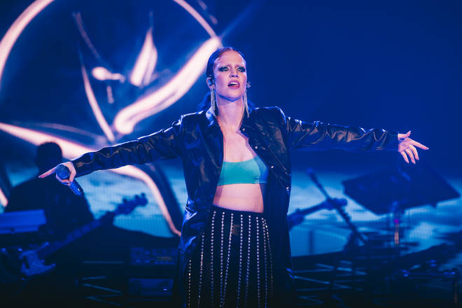 Jess Glynne performing on stage at the Jingle Bell Ball 2018