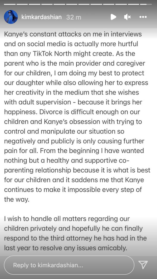 Kim Kardashian shared a statement addressing Kanye's claims about their daughter North West