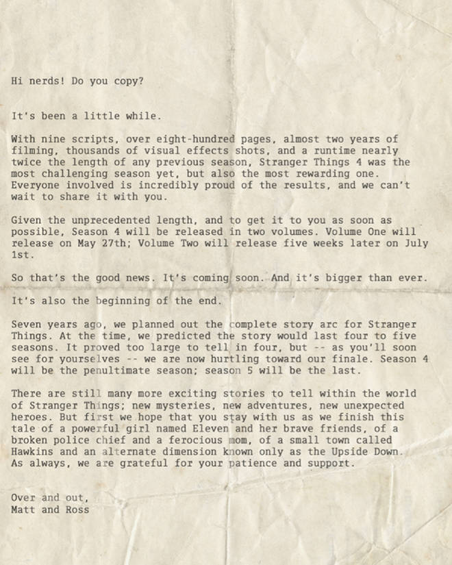 Stranger Things issued a letter explaining the end of the series