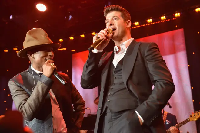 Pharrell Williams and Robin Thicke performed 'Blurred Lines' during the 56th annual GRAMMY Awards