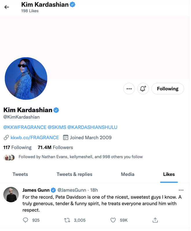 Kim Kardashian 'liked' a tweet in support of Pete Davidson