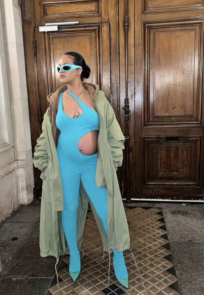 Rihanna stuns in a cut-out blue outfit as she approaches her due date
