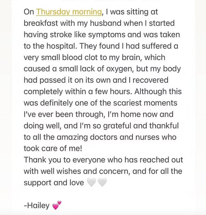 Hailey Bieber shared a statement to Instagram