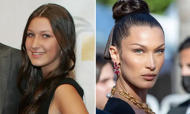 Bella Hadid pictured aged 13 (L) and in 2021 aged 25