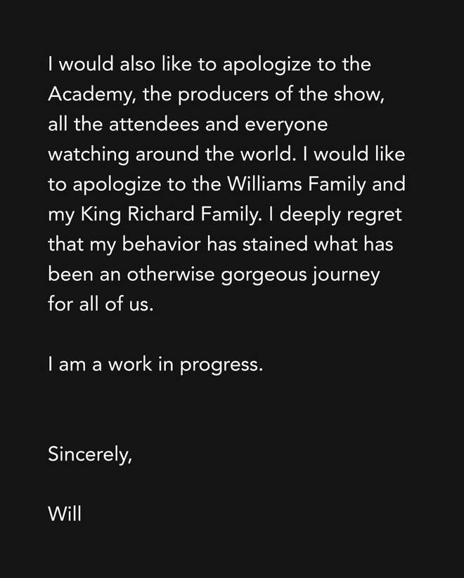 Will Smith also apologised to the Academy and the Williams family in the post