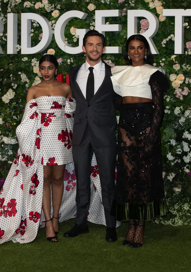 Jonathan Bailey, Charithra Chandran (who plays Edwina Sharma) and Simone Ashley