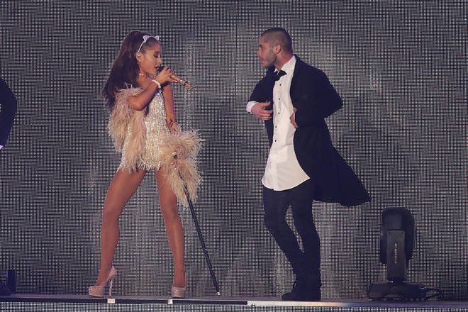 Ariana Grande and Ricky Alvarez on stage in Milan