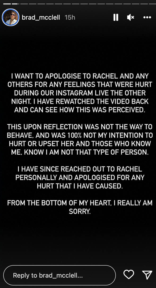Love Island's Brad shared a statement apologising to Rachel