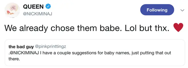 Nicki Minaj tells a fan she's picked baby names with new boyfriend Kenneth Petty