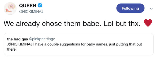 Nicki Minaj tells a fan she's picked baby names with new boyfriend Kenneth Petty