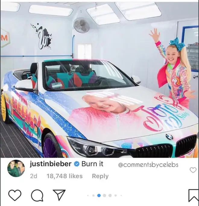 Justin Bieber comments 'burn it' below Jojo Siwa's custom decorated car