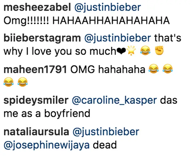 Fans laughing at Justin Bieber's Instagram comment to Hailey Baldwin