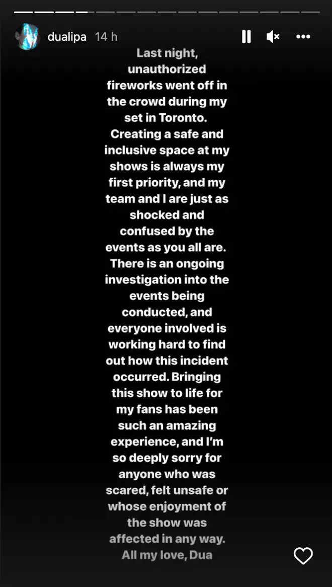 Dua Lipa released a statement to Instagram