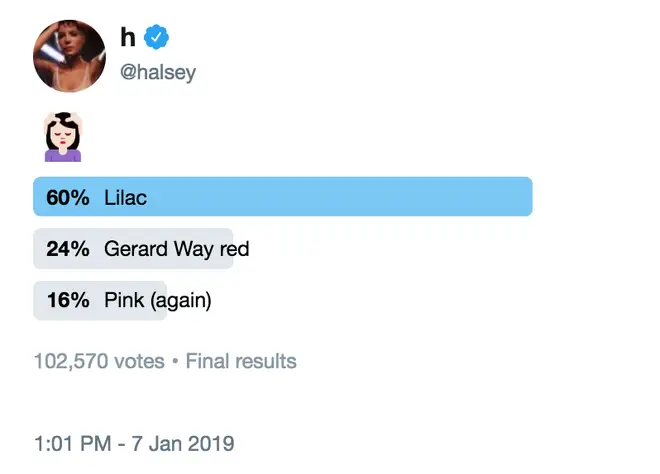Halsey's twitter poll asked if the singer should die her hair lilac, red, or blue