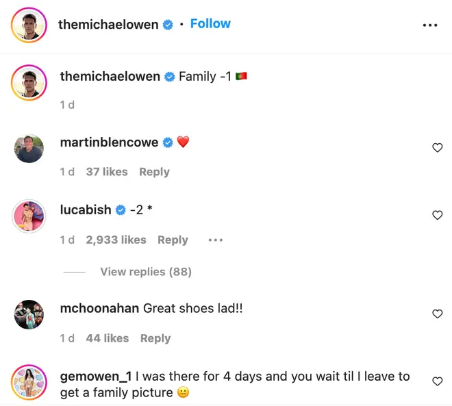 Luca Bish left a jokey response under Michael Owen's post